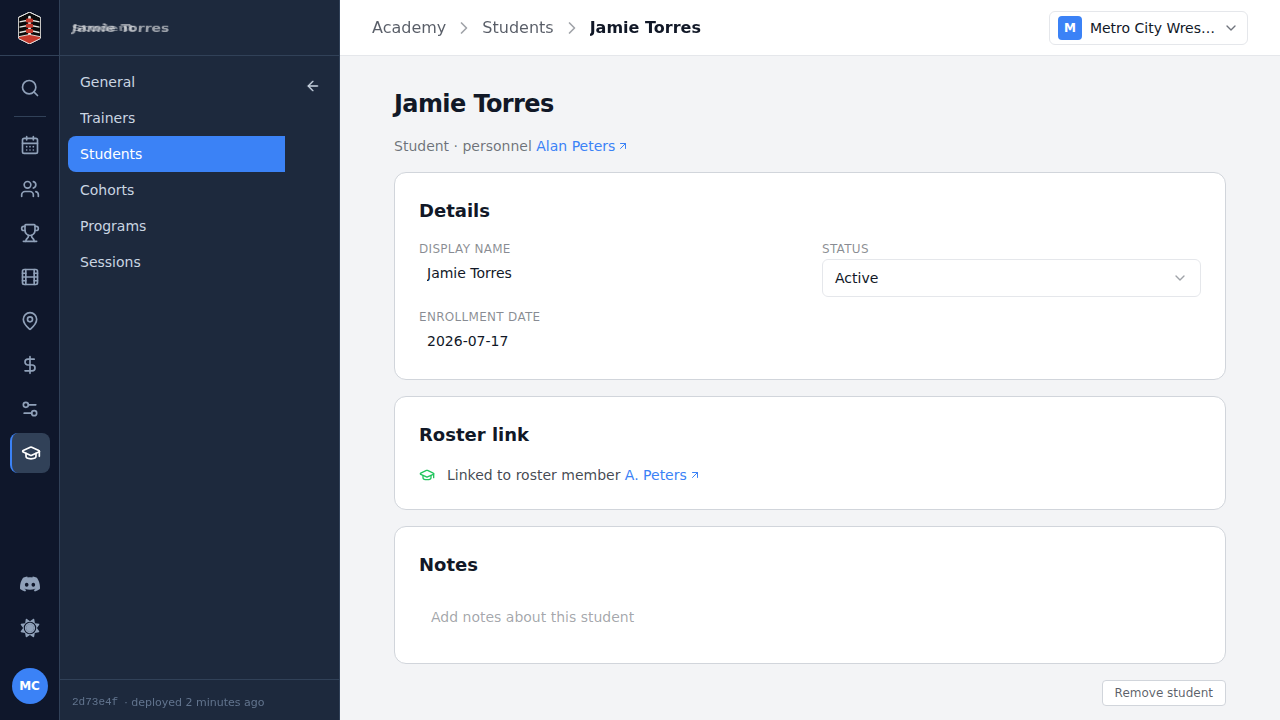 The newly enrolled student's detail page