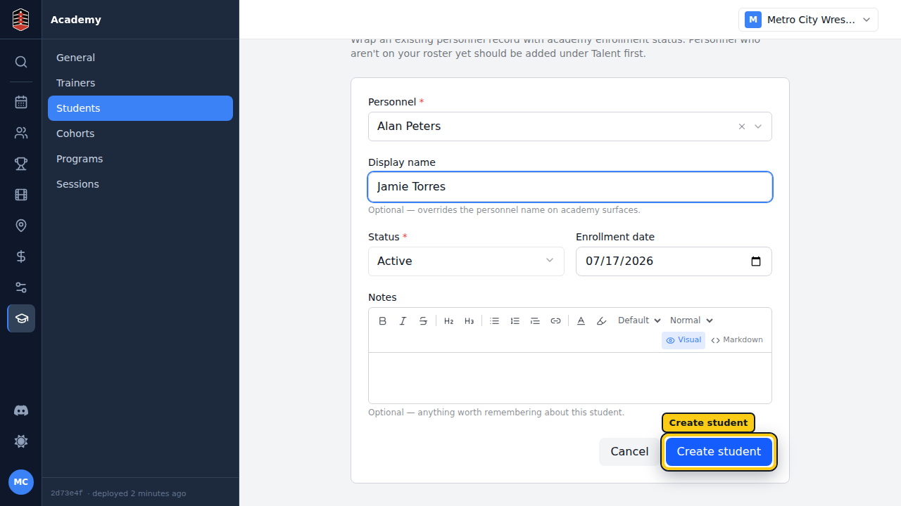 A person and display name selected for the new student
