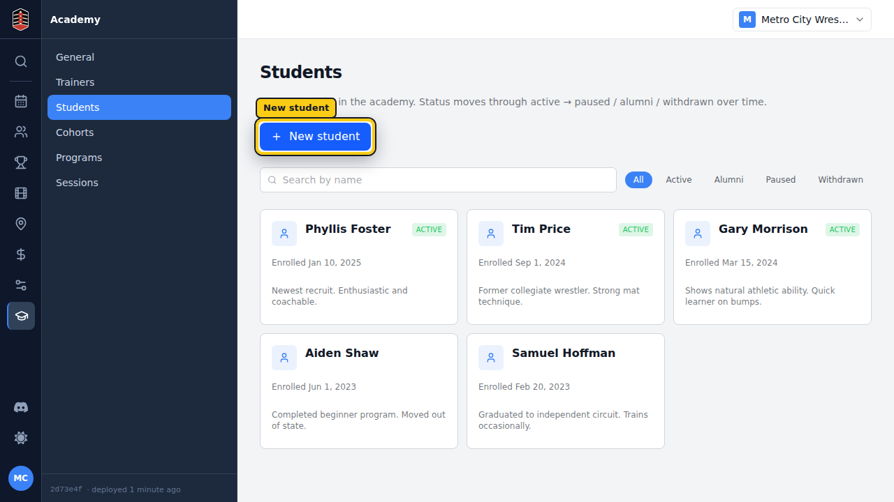 The Students page with the New student action