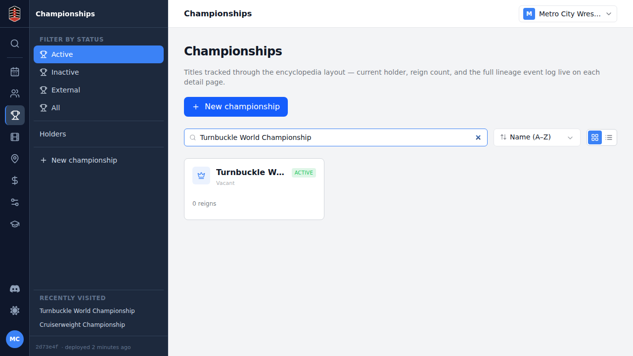The Championships list filtered to the new title