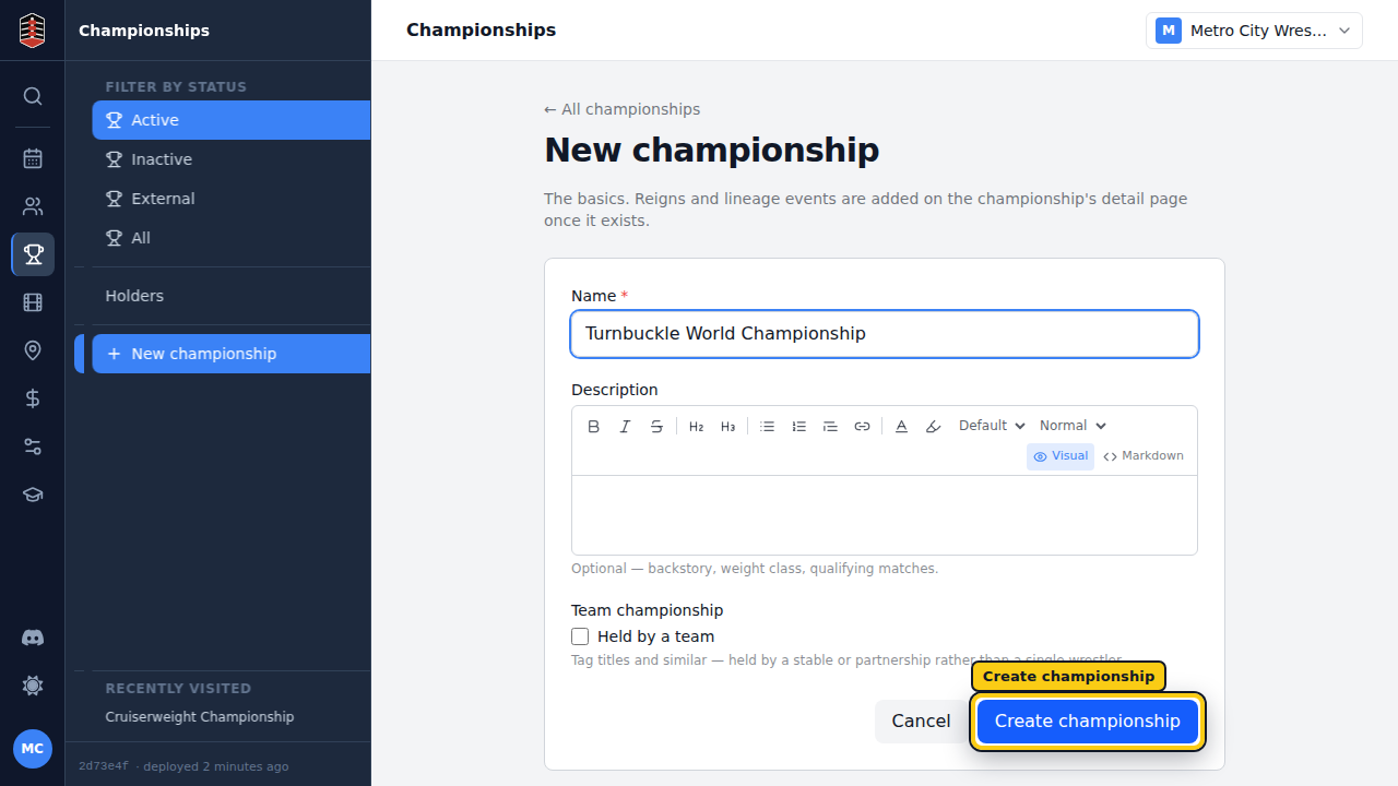 The New championship form with the title name filled in