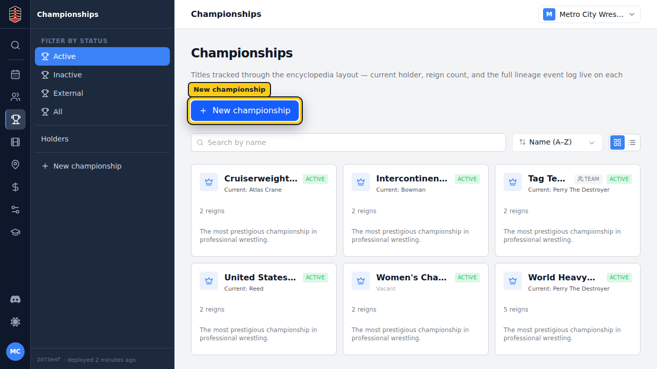 The Championships list with existing titles and the create action