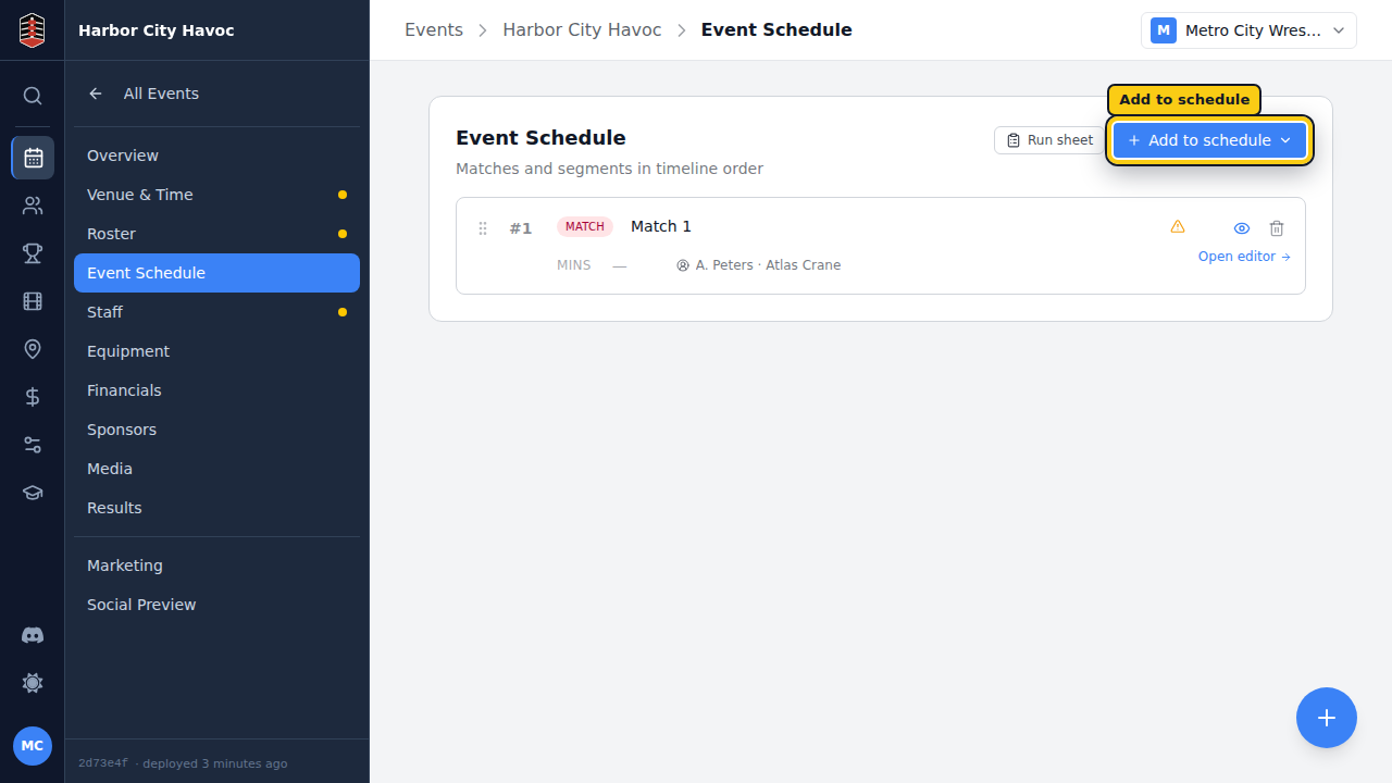 The booked match on the event schedule