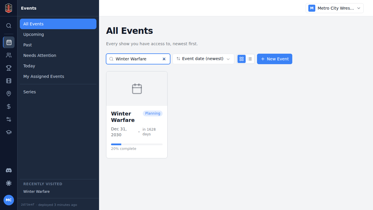 The events list filtered to the new show