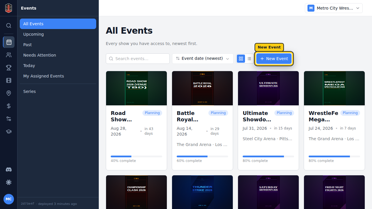 The All Events list, with event cards and the New Event button