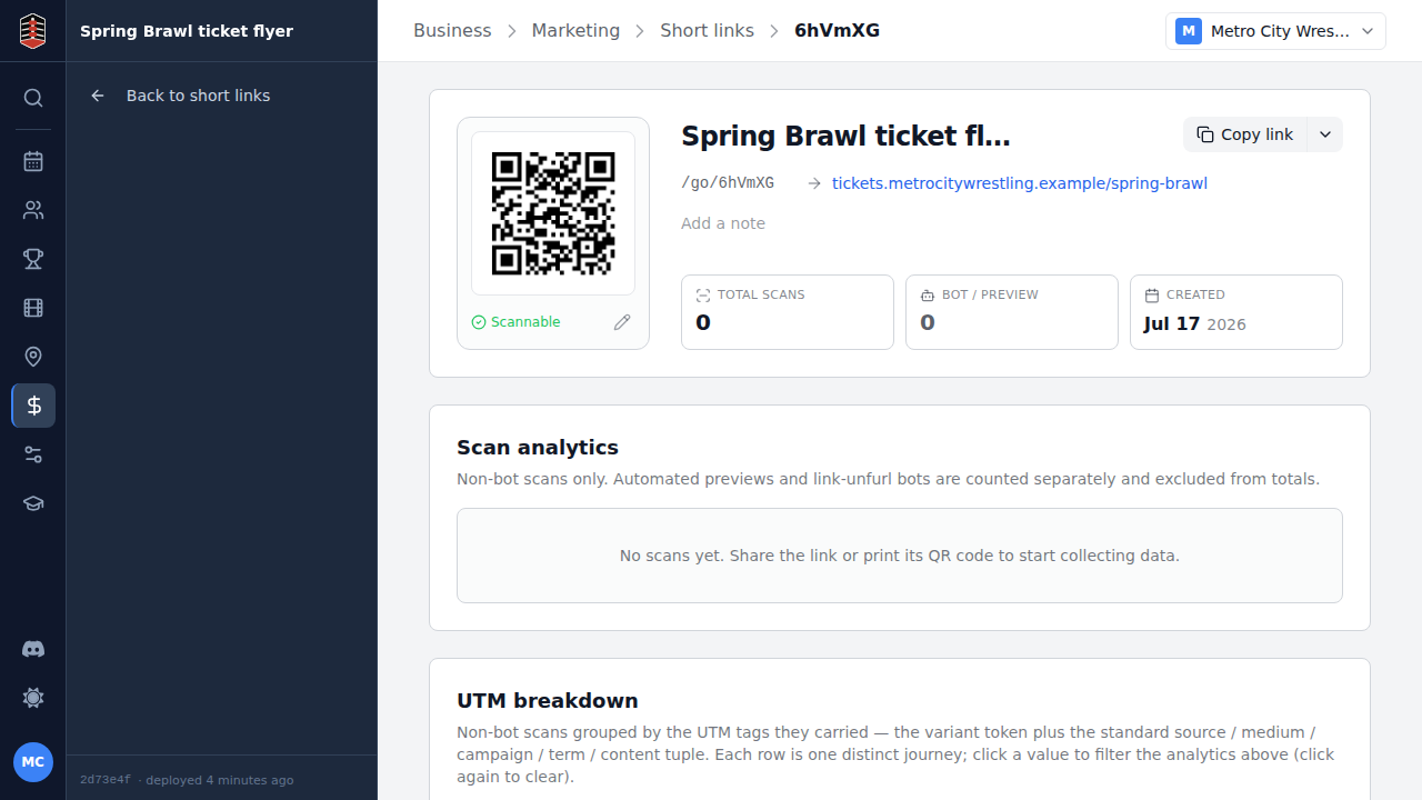 The created short link's detail with its QR code