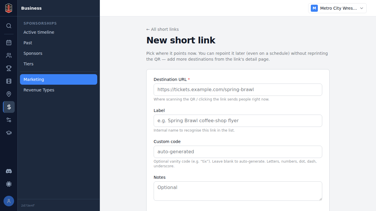 The empty New short link form