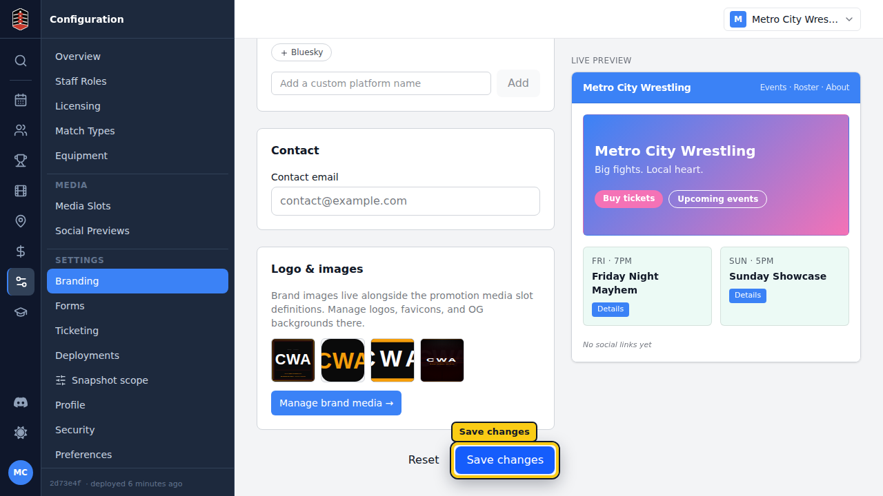 The Branding form with an updated tagline ready to save