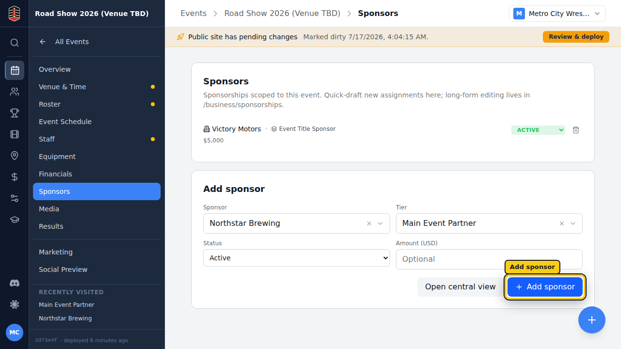 The Add sponsor panel with a sponsor and tier selected