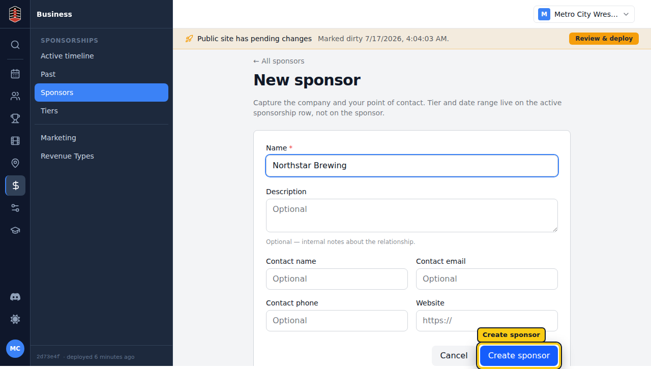 A completed New sponsor form
