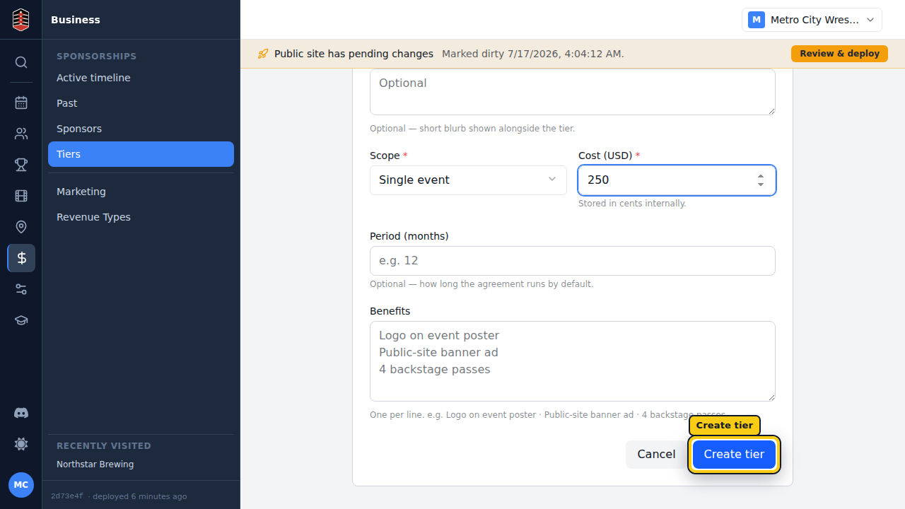 A completed New sponsorship tier form