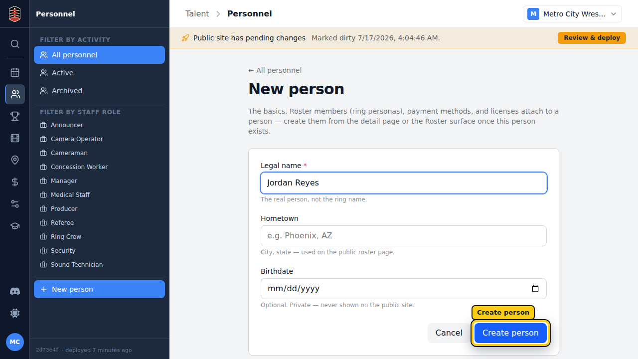 A completed New person form