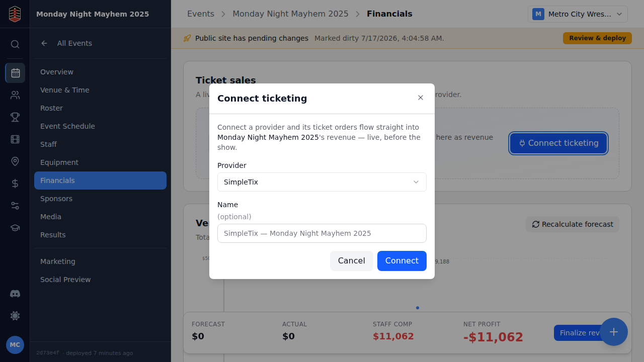 The Connect ticketing dialog