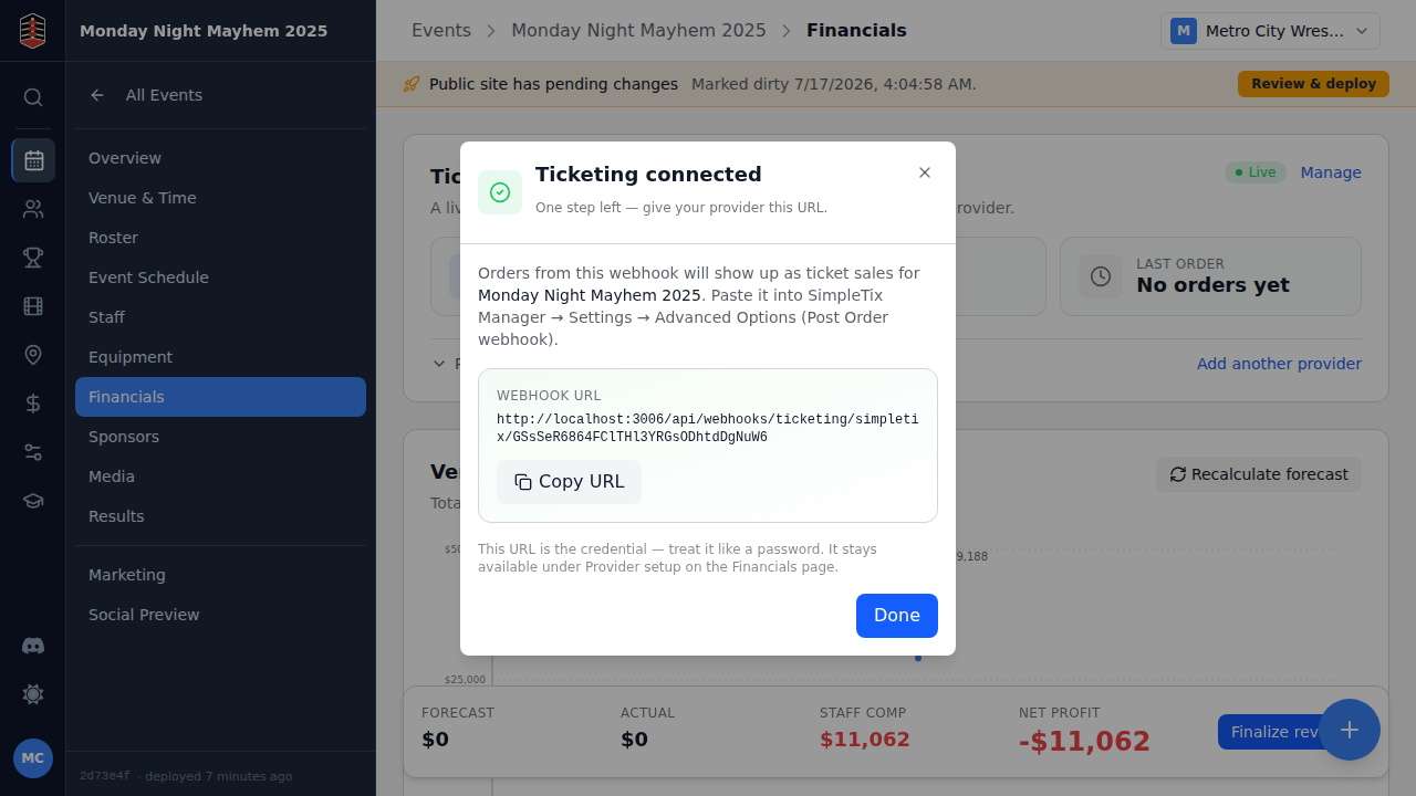 The revealed webhook URL, routed to this event
