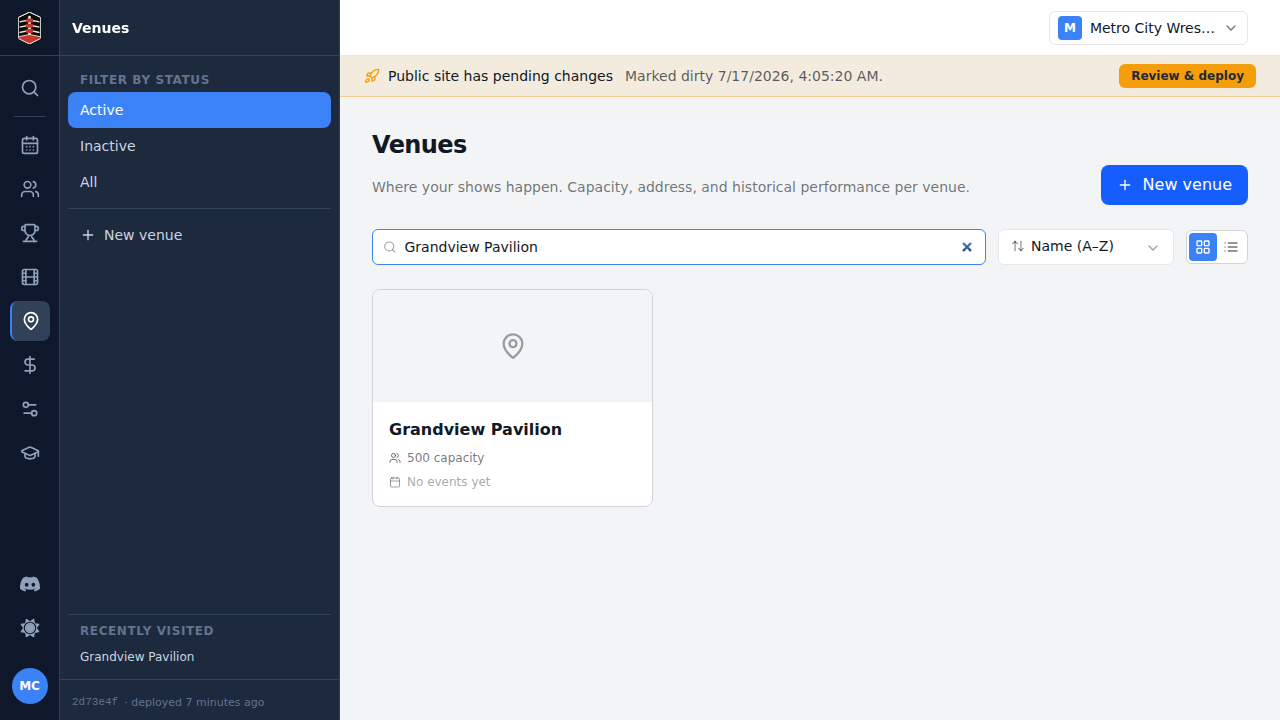 The Venues list filtered to the newly added location