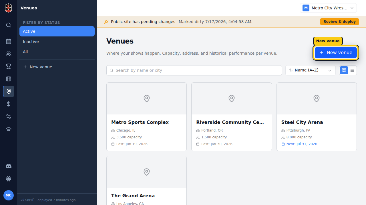 The Venues list with the New venue action