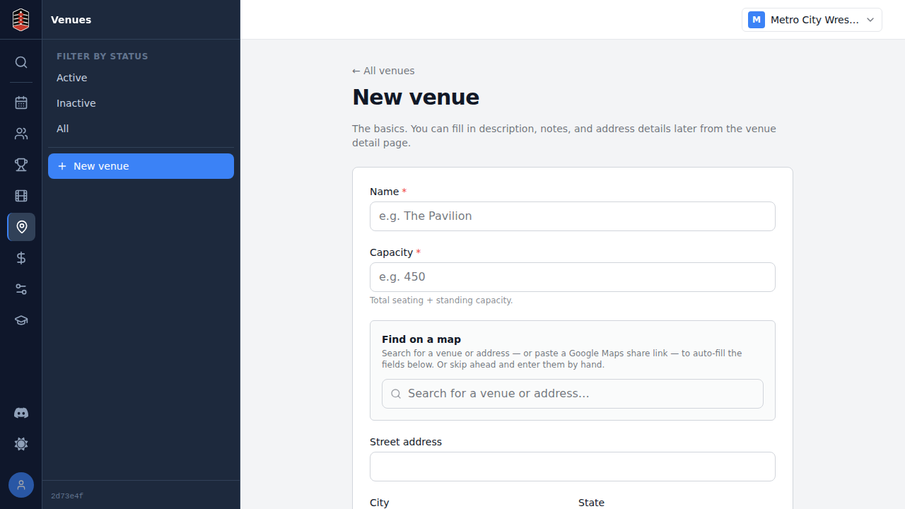 The empty New venue form